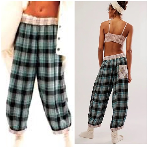 Free People Intimately Fallin' for Flannel Blue Plaid Lounge Pants S EUC - Picture 2 of 12